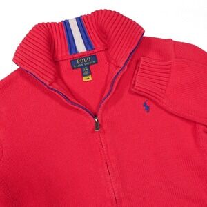 POLO RALPH LAUREN Boy's Size Large (14-16) Red Cotton Full Zip Knit Sweater